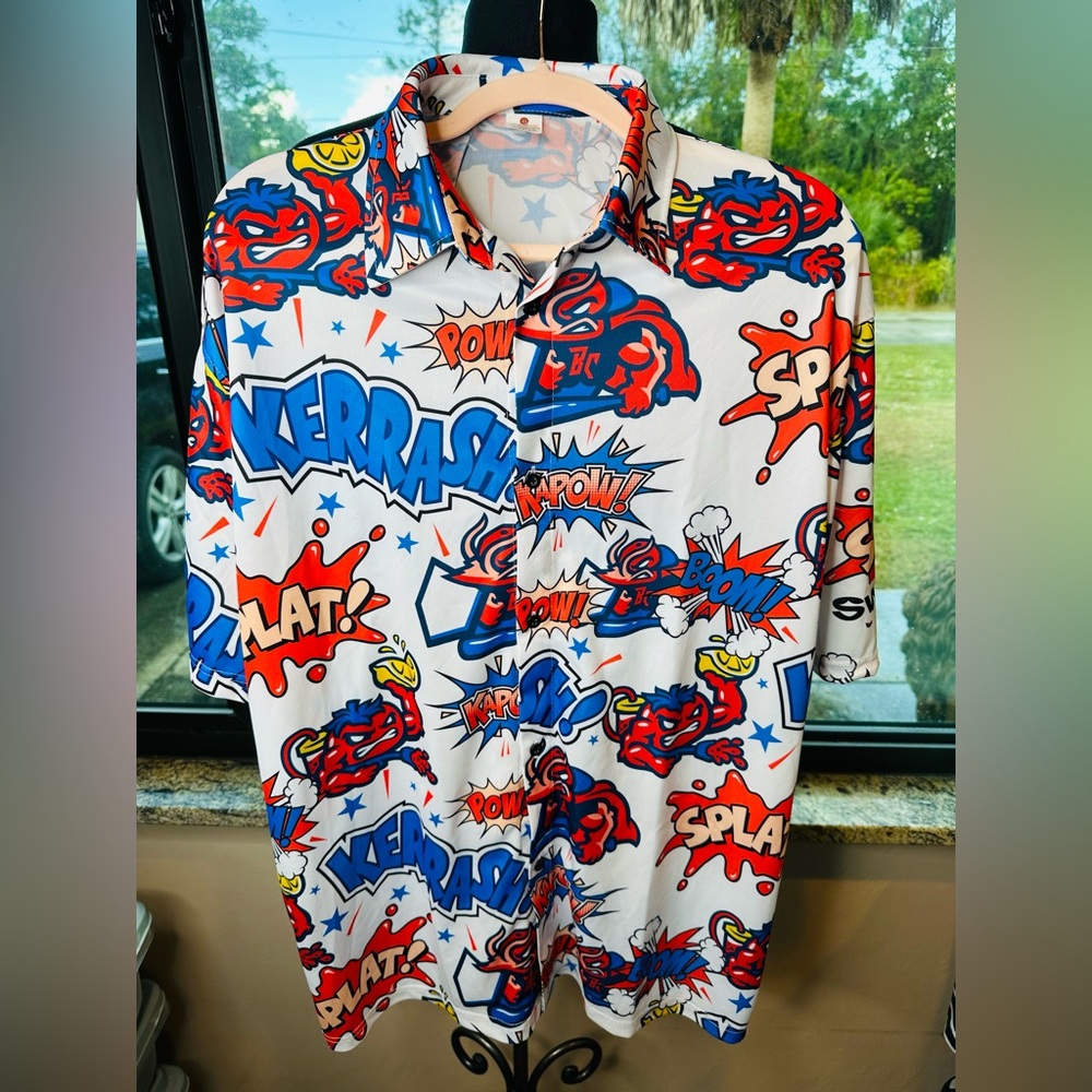 Jumbo Shrimp Destroyer Rocks Comic Aloha Hawaiian Shirt White Capt Crustacean XL